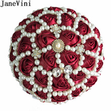 JaneVini Luxury Flores Burgundy Bridal Pearl Wedding Bouquets Beaded Satin Rose Ribbon Artificial Bride Bouquet Flower Custom 2024 - buy cheap
