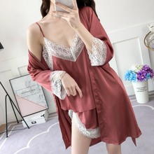 3 Piece Pajamas set + robe for Women Sexy Lace Pijama Bathrobe Ladies Silk V-neck Nightwear Shorts Kimono homewear suit Satin 2024 - buy cheap