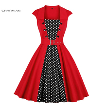 Женское винтажное платье-миди Charmian, платье в горошек с отворотом и квадратным вырезом, коктейльное платье с высокой талией и поясом 2024 - купить недорого