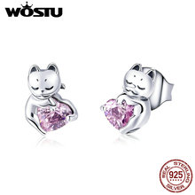 WOSTU-pendientes de plata de ley 925 con forma de corazón para mujer y niña, joyería de lujo con diseño de gato Adorable, color rosa, S925, CQE453 2024 - compra barato