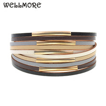 Wellmore tubo de cobre couro charme pulseiras para mulheres homens múltiplas camadas wrap pulseiras casais moda jóias 2024 - compre barato
