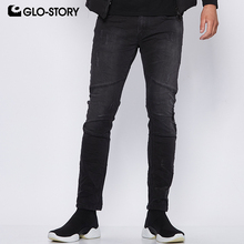 GLO-STORY European Style 2018 Men's Casual Black Mid-Waist Distressed Pleated Jeans Pencil Pants Denim Pants Tousers MNK-7699 2024 - buy cheap