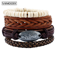 VAMOOSY auténtica nueva moda Punk hecho a mano cuenta tejida cuero Real hombres pulseras mujeres brazaletes mujer Rock Homme hombres joyería 2024 - compra barato