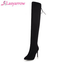 Lasyarrow Coxa Botas Altas do Estilete das Mulheres Sexy Sobre o Joelho Botas Sexy Botas Mulheres Preto Sólido Laço Longo Fino botas de Mulher 2024 - compre barato