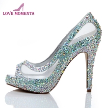 Zapatos de tacón alto con diamantes de imitación brillantes para mujer, zapatos de boda de cristal con punta abierta, de encaje de malla, para Primavera, novedad de verano 2024 - compra barato