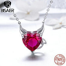 BISAER Real 925 Sterling Silver Pink Heart Evil And Angel Pendant Necklaces for Women Sterling Silver Jewelry Collar ECN286 2024 - buy cheap