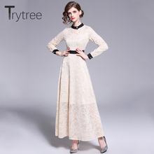 Trytree Autumn Elegant Casual Shirt Dress Polyester Hollow Out Collar women dresses Patchwork Colours Office Lady A-line Dress 2024 - buy cheap