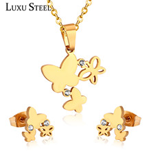 LUXUSTEEL Cute Jewelry Sets Stainless Steel Butterfly Pendant Necklace Earring Sets With Cubic Zirconia For Women/Girl Bijoux 2024 - buy cheap