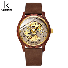 IK Colouring Wooden Mechanical Men Watch Golden Automatic Movement Openwork Skeleton Male Clock Leather Strap Relogio Masculino 2024 - buy cheap