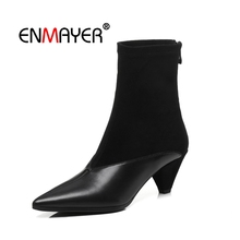 Enmayer botas femininas de couro legítimo, sapatos baixos para outono e inverno, estilo casual com zíper e salto grosso cr1581 2024 - compre barato