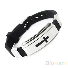 Hot Sale Men's Stainless Steel Bracelet Rubber Cross Black Bangle for Gift New Year 1OM4 2024 - buy cheap