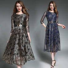 2017 New Vintage Dress Women Slim A-line Print Three Quarter Sashes Evening Party Dresses Vestidos Elegant Lace Summer Dresses 2024 - buy cheap