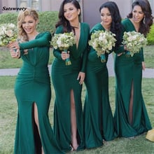 Hunter Green Deep V Neck Mermaid Bridesmaid Dresses 2022 Long Sleeves Maid of Honor Gowns Split Prom Gowns Custom Made Cheap 2024 - buy cheap