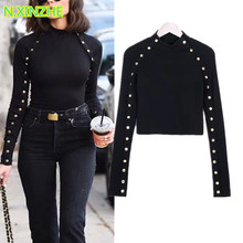 2019 women clothing long sleeve stand collar button solid short T-Shirt crop Top Female sexy fashion slim pure cotton Tees C3197 2024 - buy cheap