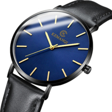 De los hombres, reloj de la marca de lujo de Ultra-Delgado reloj de los hombres de vidrio azul de moda de reloj de cuero de hombre banda de reloj erkek kol saati 2024 - compra barato