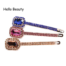 Luxury Wedding Hair Jewelry Square Pink Crystal Hair Barrettes Royal Blue Gold Rhinestone Clips For Women Accessories 2024 - buy cheap