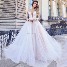 A Line Pearl Pink Long Sleeves Wedding Dresses Deep V Neck Button Floor Length Bridal Wedding Gown Vestido De Noiva Plus Size 2024 - buy cheap