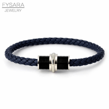 Fysara pulseira de couro genuíno masculina feminina, bracelete magnético de aço inoxidável preto, redondo, artesanal 2024 - compre barato