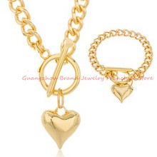 New Fashion Womens Jewelry Gift 316L Stainless Steel Silver/Gold color Cute Heart Curb Chain 18" Necklace 8" Bracelet Bangle Set 2024 - buy cheap