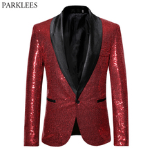 Mens Red Glitter Blazer Jacket Shawl Collar Male Wedding Dress Costume Blazers Casual Slim Fit DJ Singer Paillette Jackets Homme 2024 - buy cheap