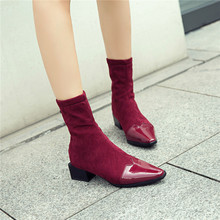 YMECHIC 2018 Autumn Wine Red Sock Boots Pointed Toe Medium Square Heels Ankle Ridding Boots Female Flock Shoes Women Plus Size 2024 - buy cheap