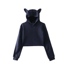 NEW Cute Womens Sweatshirts Hoodie Crop Tops Solid Cat Ear Long Sleeve Cropped Sweatshirt Hooded Pullover Tolstovka 2024 - buy cheap