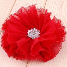 50pcs/lot 3" 16colors Artificial Frayed Chiffon Flower With Snow Rhinestone Button Fluffy Fabric Flowers For Kids Headbands 2024 - buy cheap