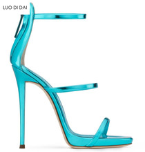 2019 fashion women open toe sandals party shoes gladiator sandals dress shoe sexy blue sandals mirror leather high heels 2024 - buy cheap