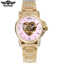 2016 WINNER famous brand women watch fashion automatic self wind watch skeleton pink dial transparent glass stainless steel band 2024 - buy cheap