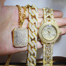 Men Hip Hop Full Iced Out Lab CZ AAA Watch & Bracelet & Iced Square Necklace Combo Set Jewelry 2024 - buy cheap