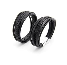 Pulsera de cuero genuino marrón negro, pulseras y brazaletes de acero inoxidable para hombres, regalos de joyería trenzada para hombres 2024 - compra barato