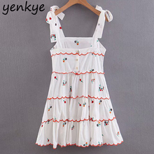 2019 Sexy Sling Summer Dress Women Floral Embroidery White Dress Sweet Lady Bow Tie Strap Sleeveless A-line Mini Ruffle Dress 2024 - buy cheap
