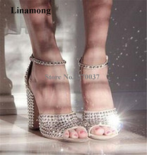 Women Charming Fashion Peep Toe Suede Leather Chunky Heels Rivet Sandals Bling Sequined Thick High Heel Sandals Wedding Shoes 2024 - buy cheap