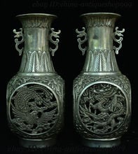 Old China Dynasty Silver Dragon Phoenix Flower Bottle Vase Jar Flask Statue Pair 2024 - buy cheap