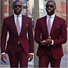 Burgundy Men Wedding Tuxedos Peak Lapel Two Button Groom Tuxedos 2019 Style Dress Men Business Dinner Suit(Jacket+Pants+Tie) 2024 - buy cheap