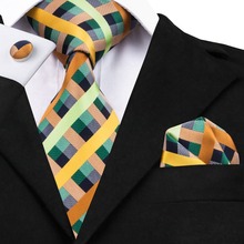 Fashion Silk Jacquard Tie Green Yellow Plaid Tie Hanky Cufflink Set Ties For Men Business Wedding Party C-1063 2024 - buy cheap