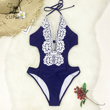 CUPSHE azul oscuro y blanco Halter de encaje de una sola pieza traje de baño mujeres recorte Monokini traje de baño 2019 chica Sexy traje de baño 2024 - compra barato