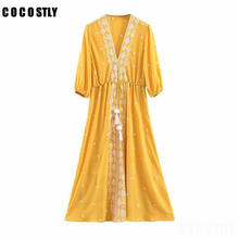 Women Summer Hippie Boho Ethnic Embroidery Maxi Long Dress Casual Cotton Mid-calf Female Vestido Yellow 2024 - buy cheap