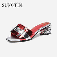 Sungtin New Arrival Bling Chunky Heels Women Patent Leather Rome Slippers Lady Slides Summer Party Runway Mules Shoes 2024 - buy cheap