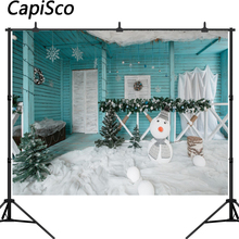 Fondos fotográficos personalizados Capisco, casa de madera azul, muñeco de nieve, Navidad, estudio fotográfico 2024 - compra barato