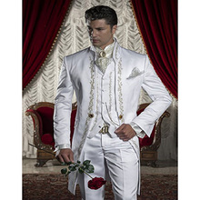 Terno masculino dourado bordado branco para casamento, 3 peças (jaqueta + calças + colete + gravata), baile de formatura 2024 - compre barato