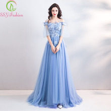SSYFashion 2019 New Lace Evening Dress Banquet Elegant Blue Boat Neck Appliques Floor-length Party Formal Gowns Robe De Soiree 2024 - buy cheap