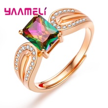 Anillos de cristal brillantes para mujer, joyería de lujo de Color oro rosa, anillos abiertos cuadrados para boda, accesorios de compromiso 2024 - compra barato