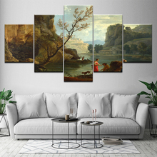 Pintura en lienzo para decoración de paredes del hogar, 5 paneles de imágenes modulares de árboles, ríos y montañas, impresión HD de paisaje forestal, pinturas al óleo 2024 - compra barato