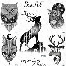 BAOFULI Forest Elk Moon Antlers Moose Temporary Tattoo Galaxy Body Art Arm Black Tatoo Sticker For Men Women 3D Owl Tattoo Paste 2024 - buy cheap