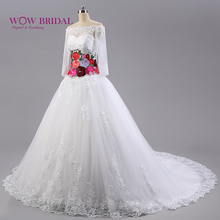 Wowbridal 2021 White Vintage Lace Wedding Dress Cathedral Train Colorful Flower Embroidery Long Sleeve Muslim Wedding Dresses 2024 - buy cheap