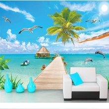 wellyu  papel de parede Custom wallpaperCoconut trees bridge sea view landscape Mediterranean living room TV wall behang 2024 - buy cheap