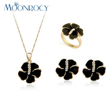 MOONROCY Zirconia Necklace Earrings ring jewelry set black flower Free Shipping Rose Gold Color Crystal Jewelry Set for women 2024 - buy cheap