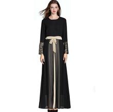 Summer Brand New Muslim Female Black Lace Dress Spring Women Fashion Casual Dress Bow belt Round neck long sleeve chiffon dress 2024 - buy cheap