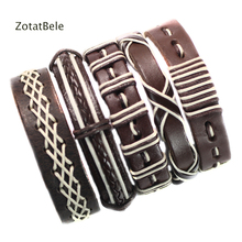 Wholesale 5Pcs Handmade Brown Leather Bracelets Multilayer Braid Wrap Bracelets Bangle Male Rope Chain Men Jewelry F39 2024 - buy cheap